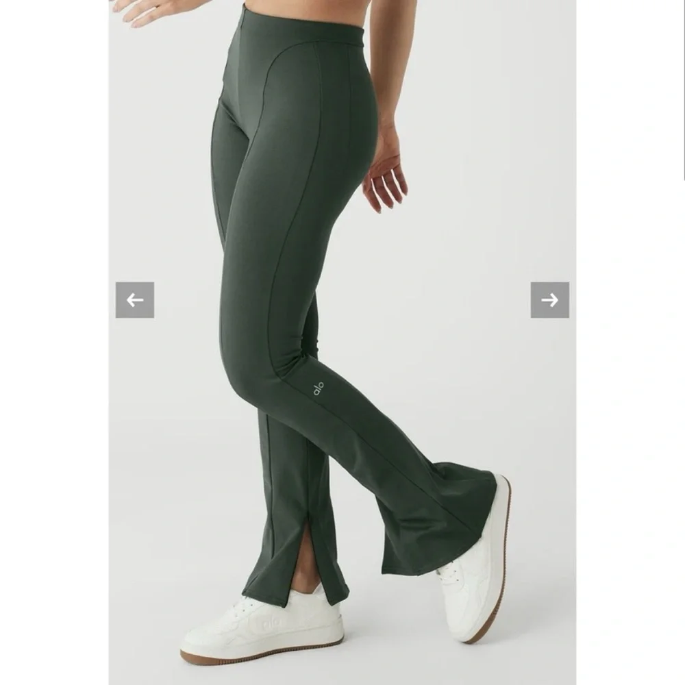 Alo‎ Yoga High-Waist Zip it Flare Legging in Dark Cactus Green.